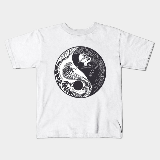 Yin And Yang Snake Vs Crane Design Kids T-Shirt by UNDERGROUNDROOTS